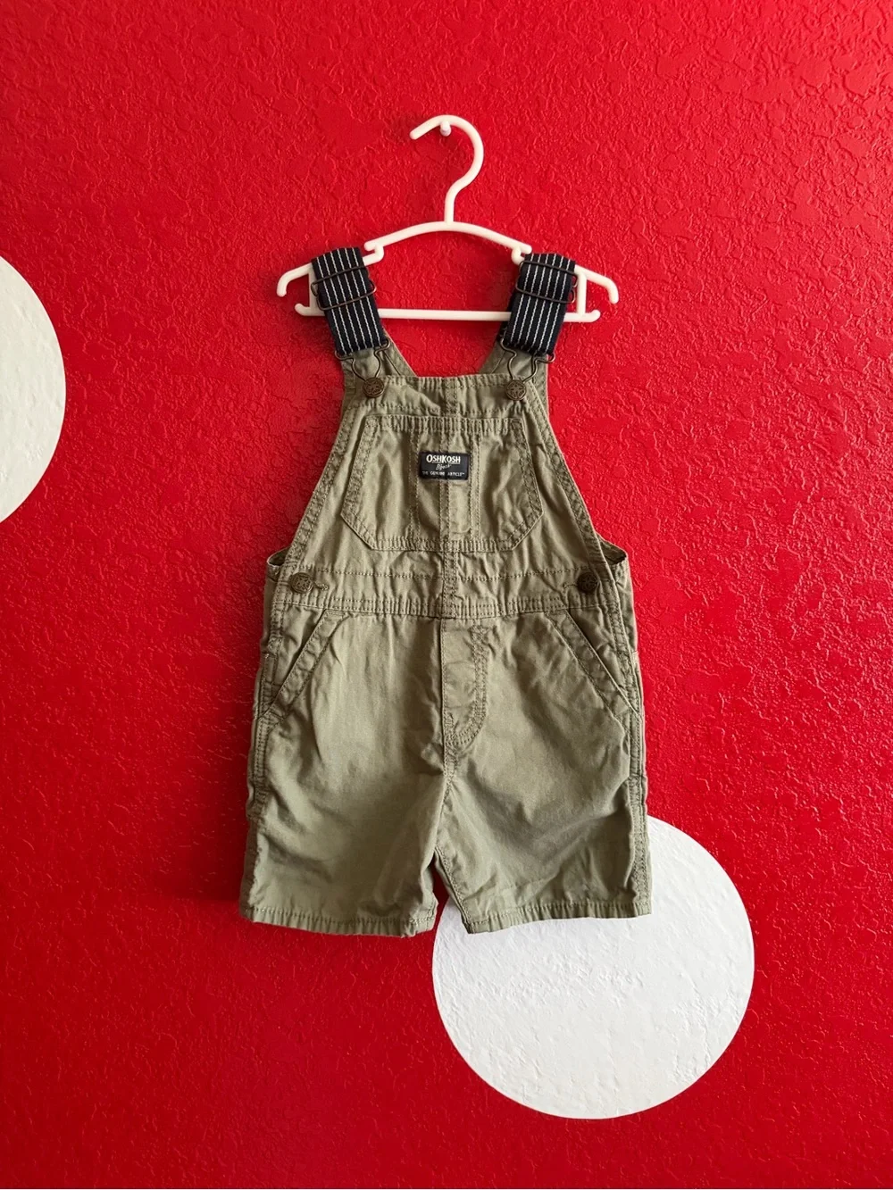 OshKosh B'gosh Olive Green Short Overalls with Striped Navy Straps